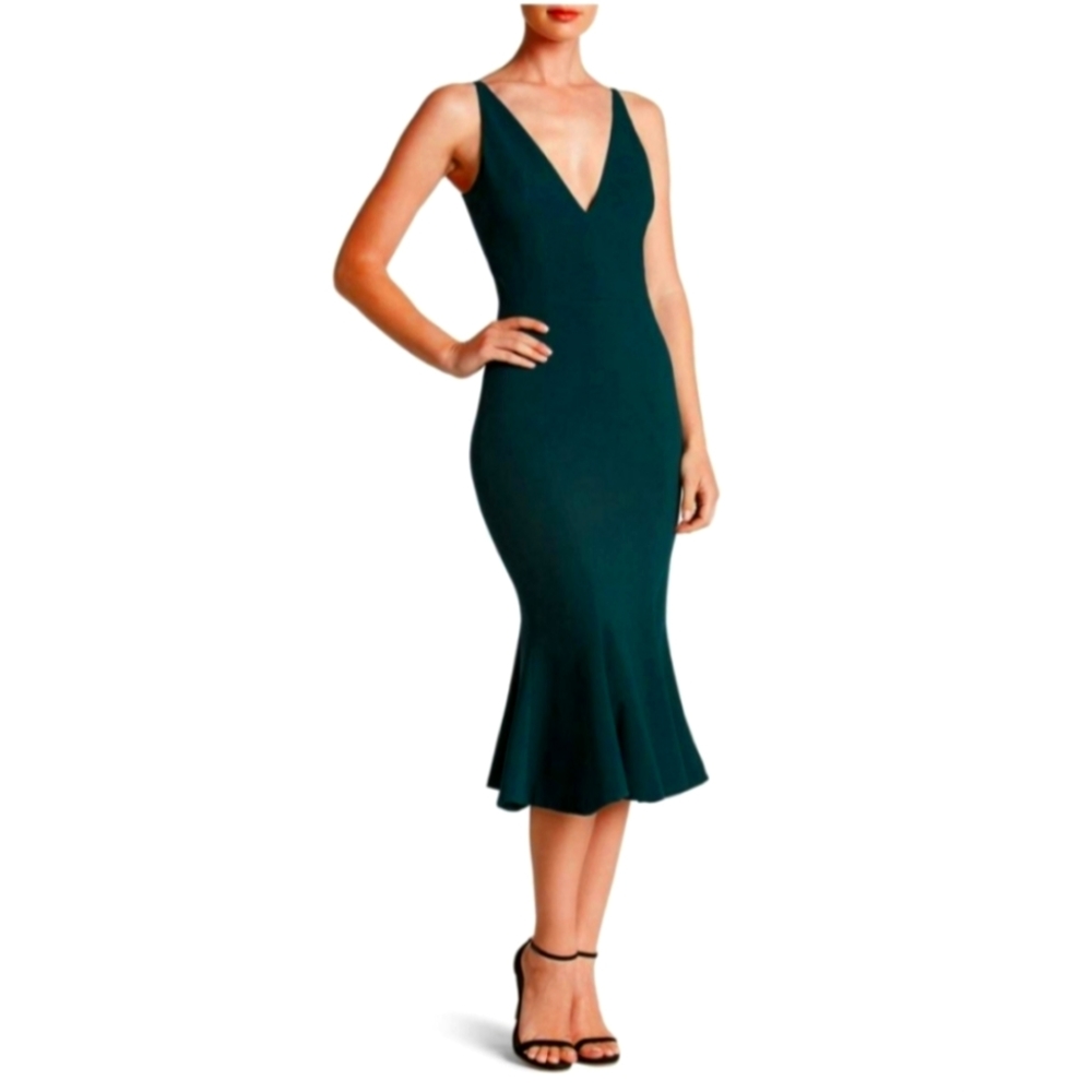 Dress the Population Isabelle Flared Hem V-Neck Dress Dark Green XS